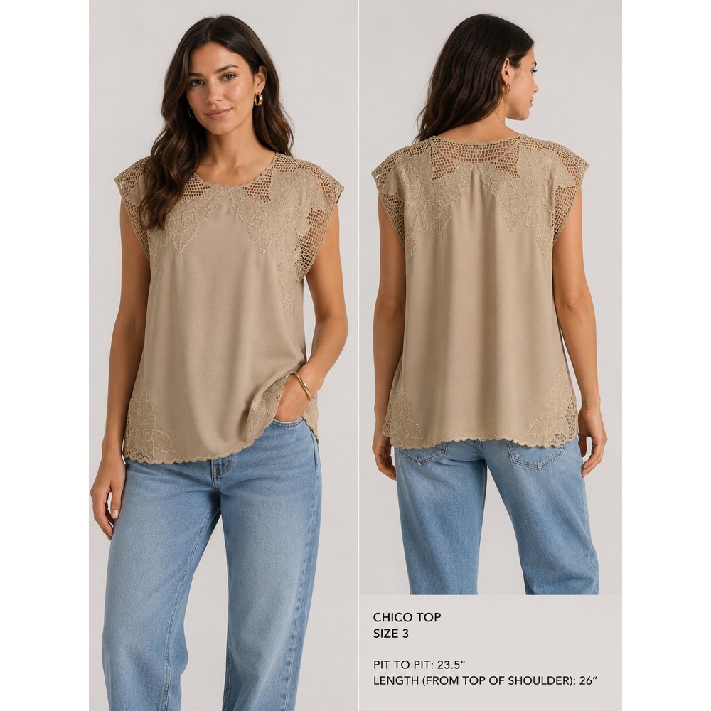 NWT Chicos Intricate Floral Netta Top Sand Beige Crochet Embroidered Blouse Sz 3